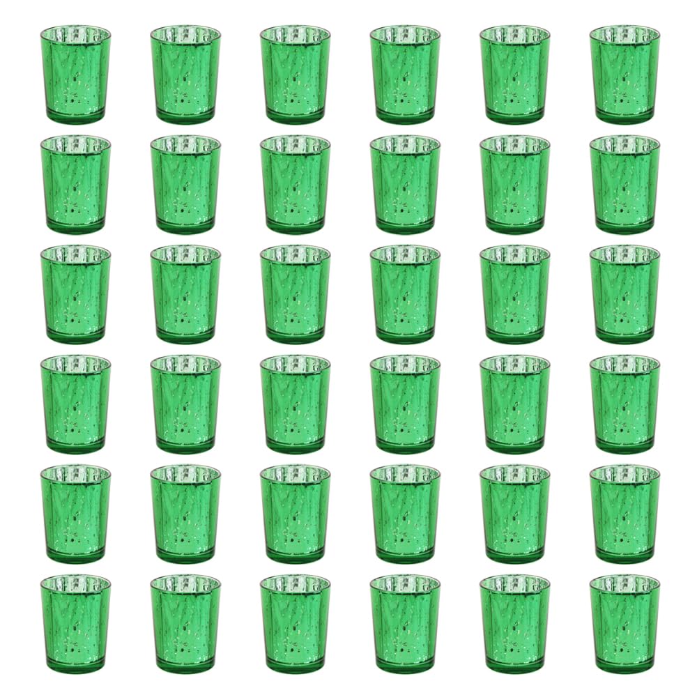 BTGLLAS Green Mercury Glass Tea Light Holders Set of 36 - Elegant Votive Candle Holders for Weddings, Showers and Home Decor - Perfect for Table Centerpieces and Parties (Glass, Green)