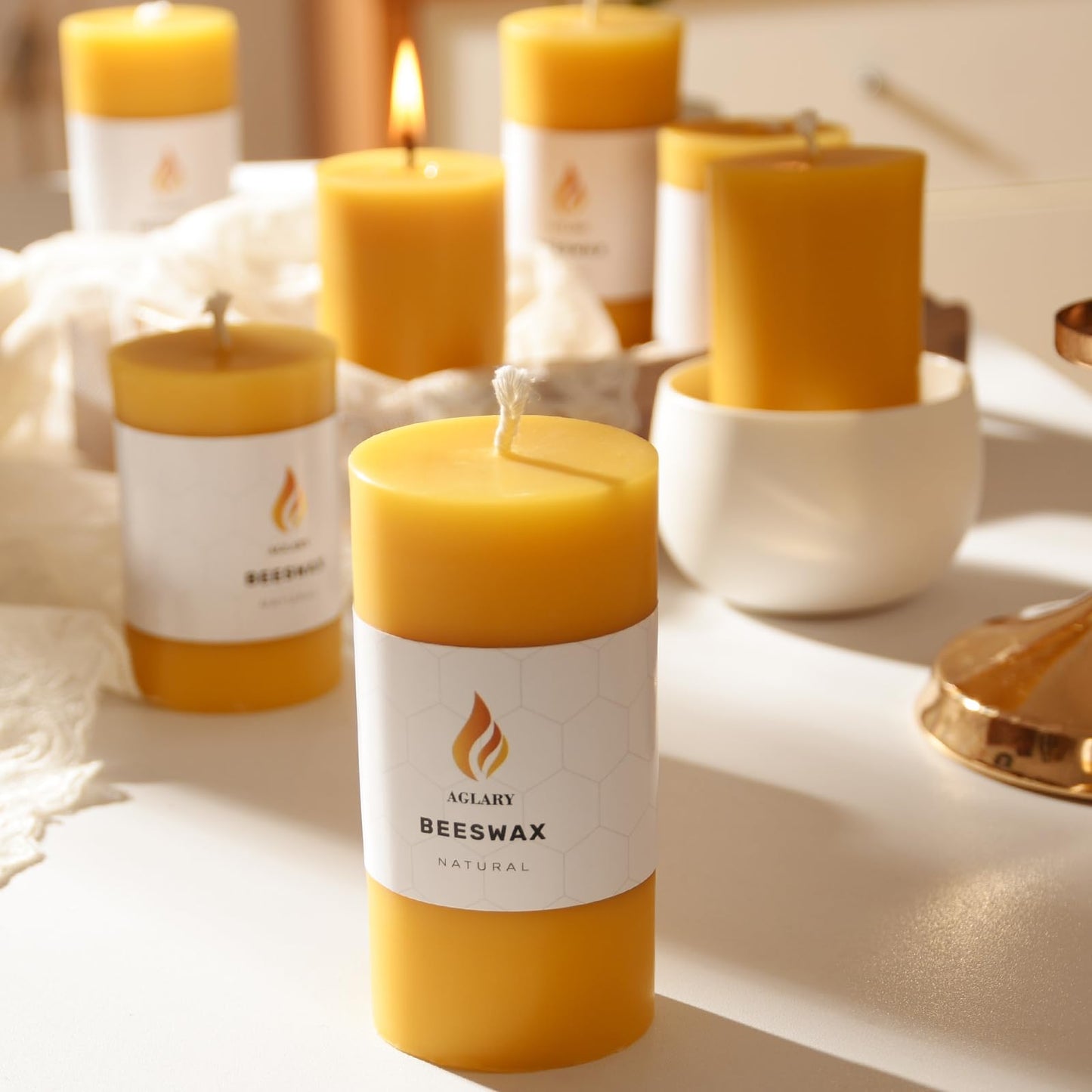 AGLARY 6PCS Beeswax Pillar Candles,Large Handmade Pure Beeswax Candle,Long Lasting Burn Time，Unscented Smokeless，2 * 4",28H, Raw