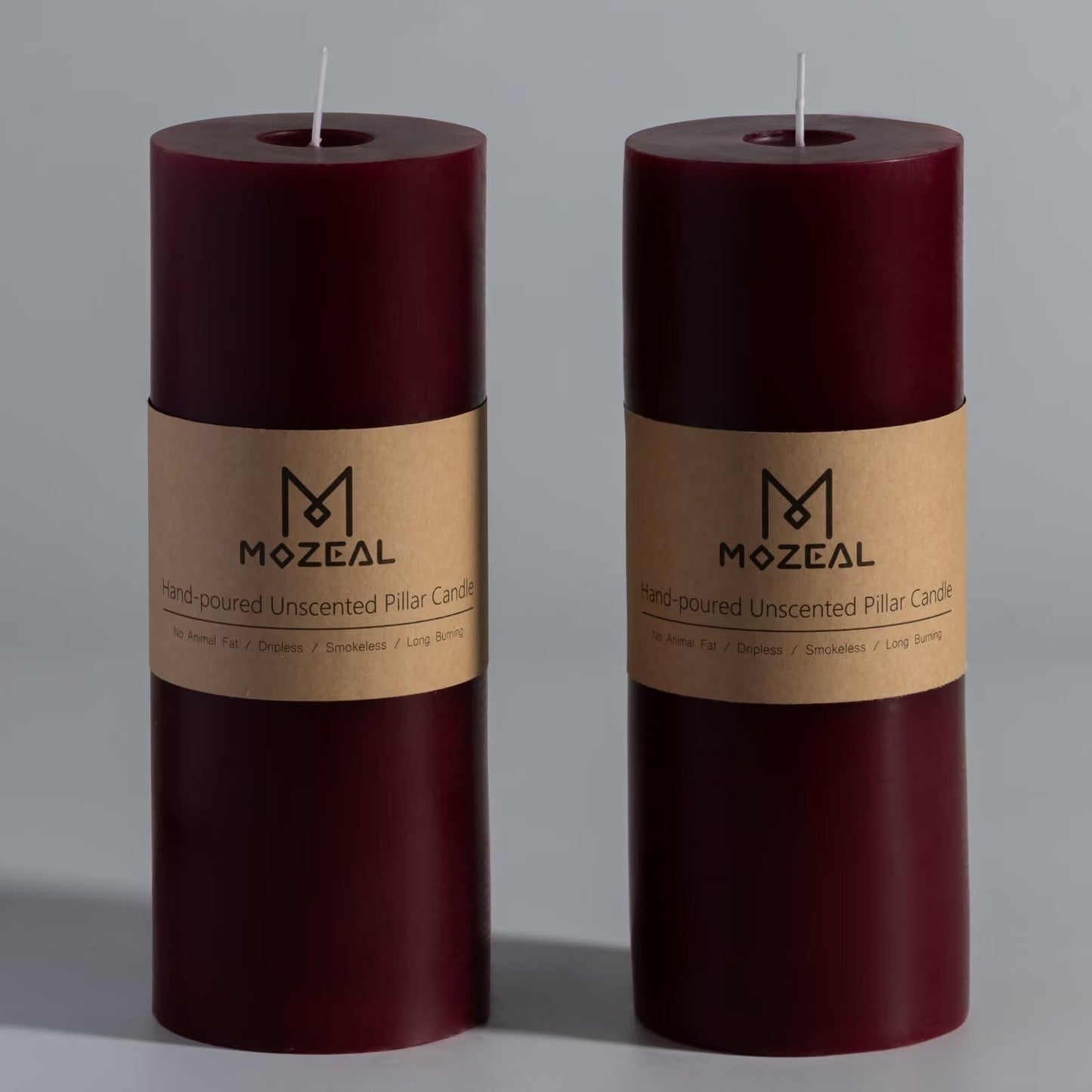 MOZEAL 3" x 8" Hand-Poured Unscented Large Candle, Smokeless Rustic Pillar Candle Set of 2, Slow Burn, No Drip, Approx 150 Hours Burning, Valentine's Day and Home Decorative, Tall Burgundy Candle