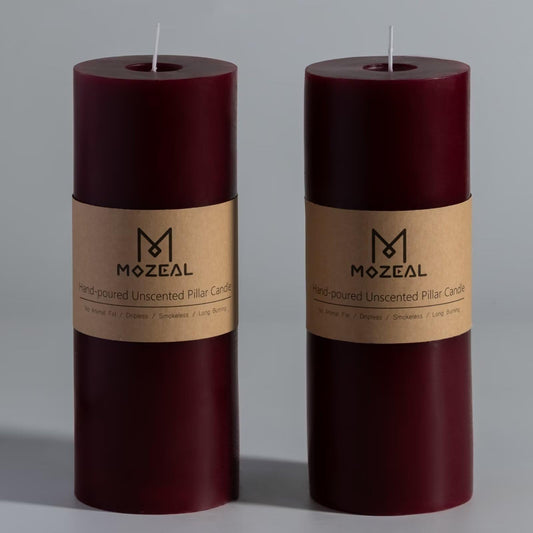 MOZEAL 3" x 8" Hand-Poured Unscented Large Candle, Smokeless Rustic Pillar Candle Set of 2, Slow Burn, No Drip, Approx 150 Hours Burning, Valentine's Day and Home Decorative, Tall Burgundy Candle