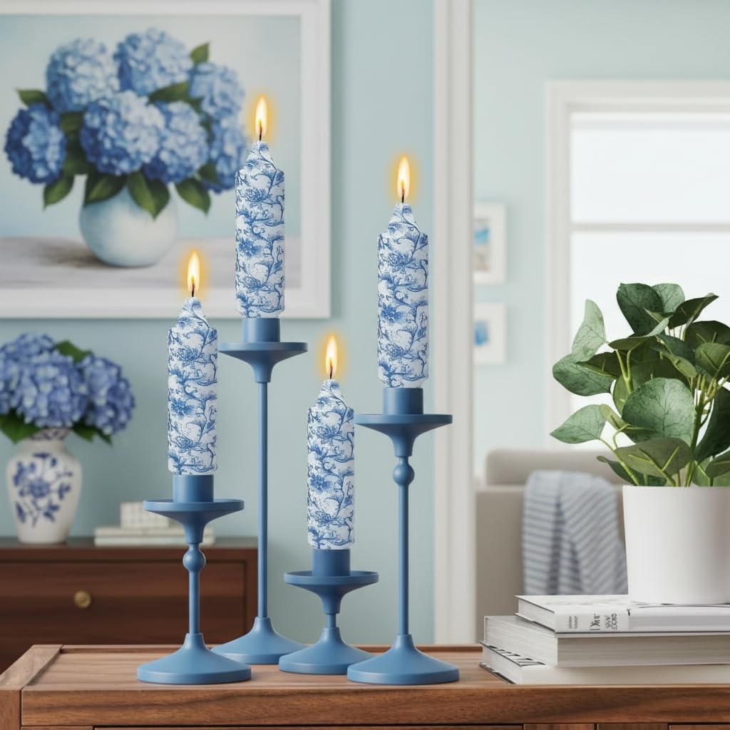 5 Inch Blue Flowers Chunky Taper Candles Short Handmade Blue and White Candle Sticks Smokeless Unscented Tapered Candles for Blue Wedding Present Spa Meditation Housewarming Home Decoration