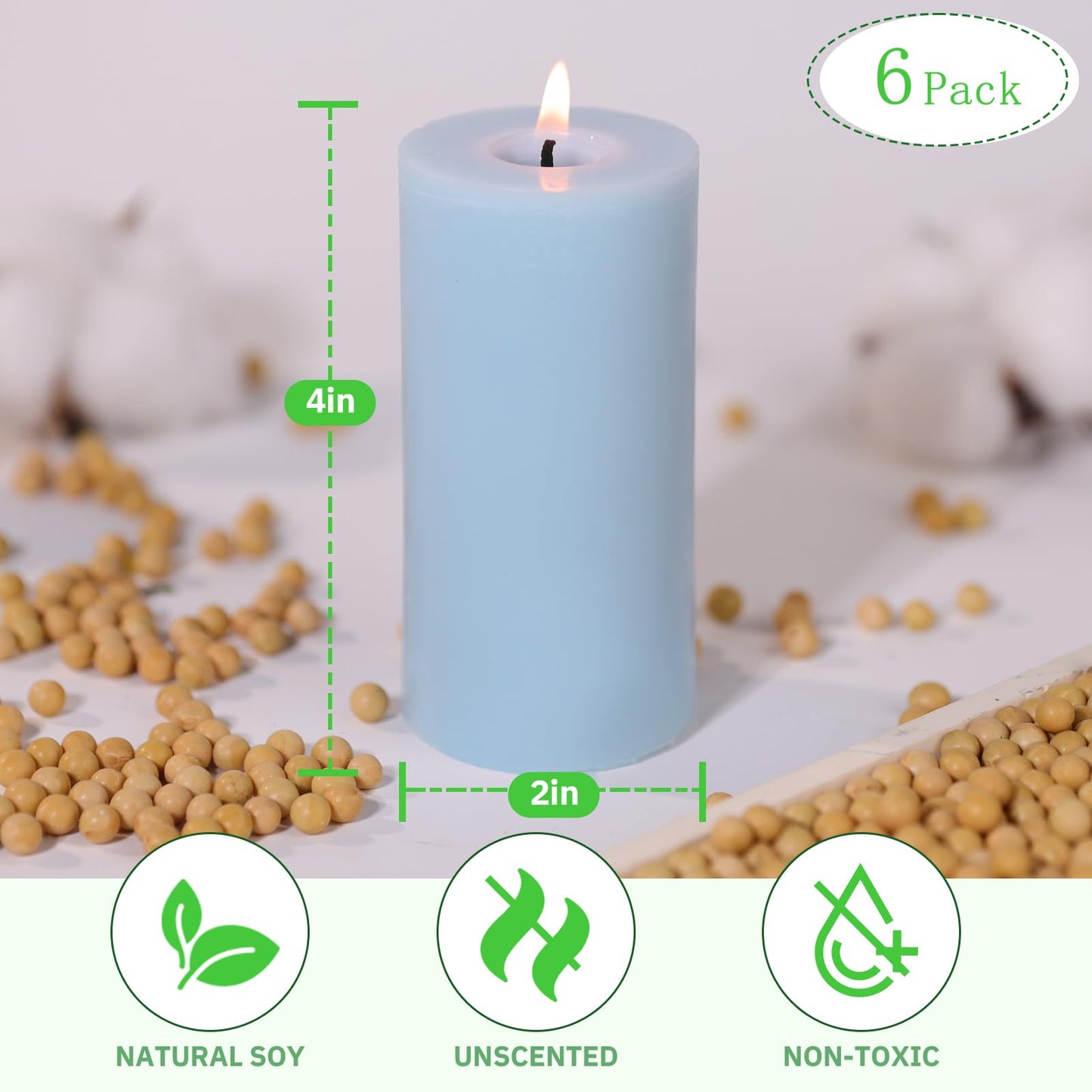Soy Pillar Candles, 210 Hours Hand-Poured Blue Unscented Pillar Candles Natural Soybean Candle for Home, Wedding, Smokeless & Dripless, Party, Spas, Dinner-2x4in-6pack