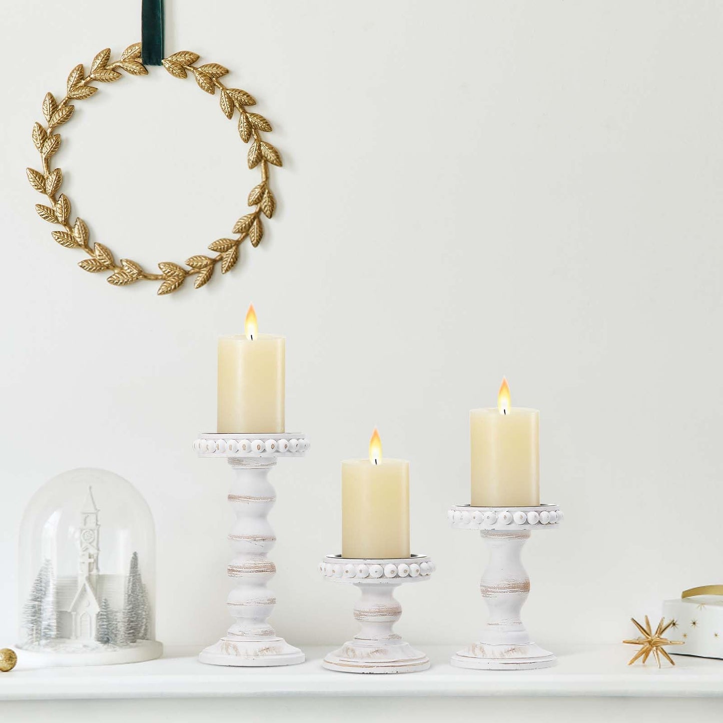 Mumufy 3 Pcs Candle Holders for Pillar Candles Rustic Farmhouse Home Decor Decorative Washed Beaded White Black Wood Candle Holder Country Style for Table Mantel Fireplace Wedding (White,Small)