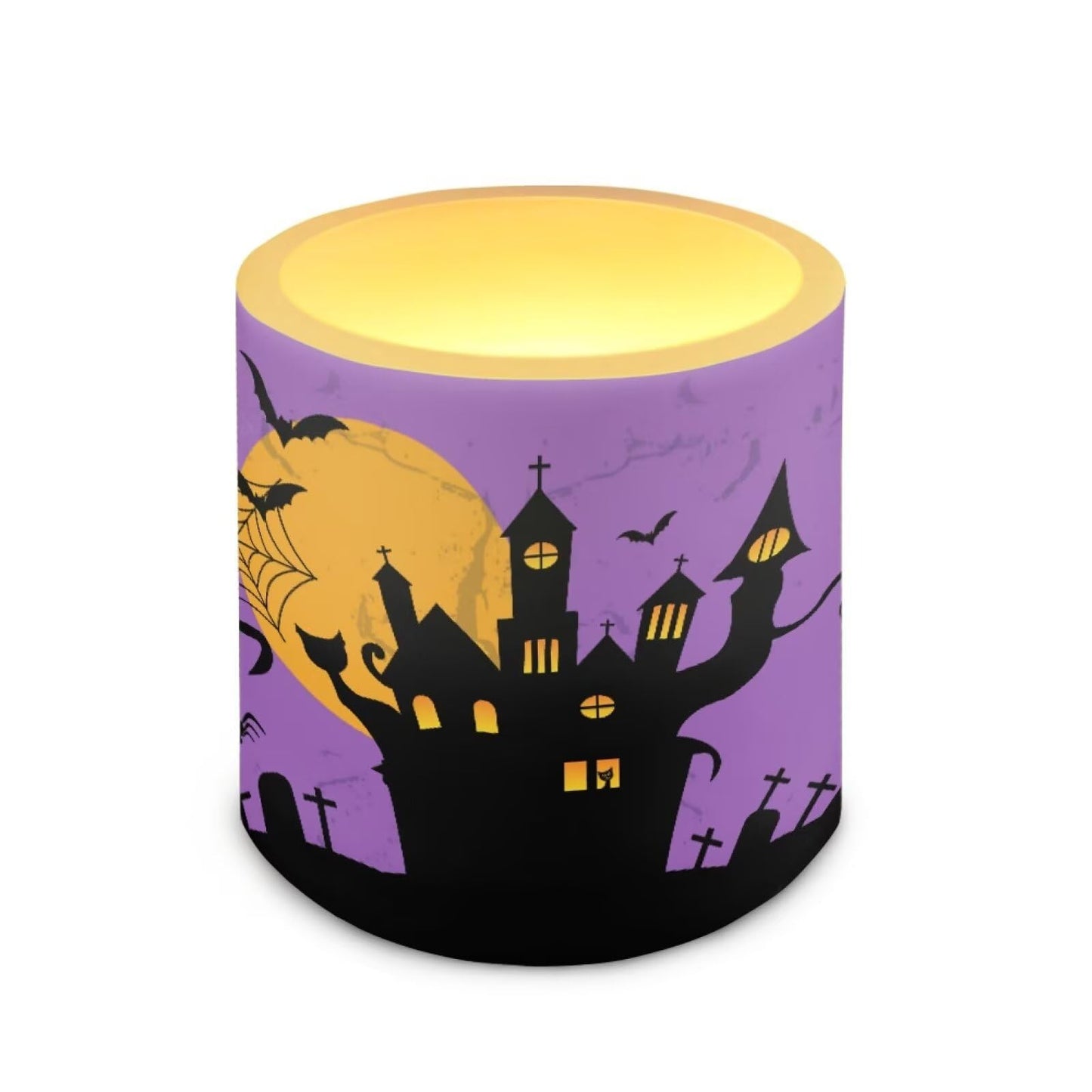 Merkmak Halloween Flickering Flameless Candles with Timer Bat Haunted House Witch Print LED Pillar Candles with Remote Battery Tea Lights for Indoor Outdoor Home Party Decorations