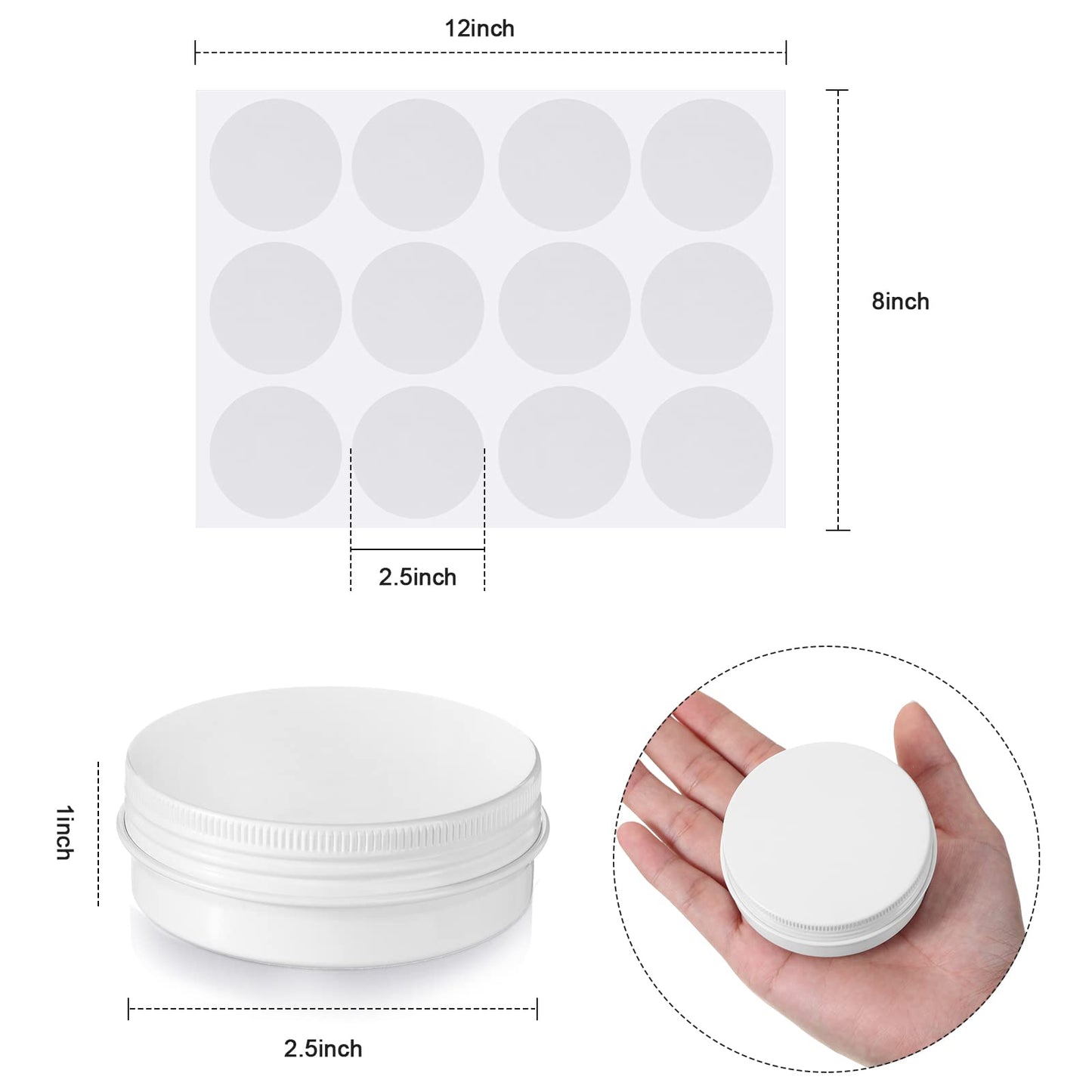 Patelai 2 oz White Metal Round Tins Aluminum Tin Cans Salve Tins Containers with Screw Lid 10 Sheets Stickers for Salve Spice Candies Balms Candles, 36 Pack (Classic Style)