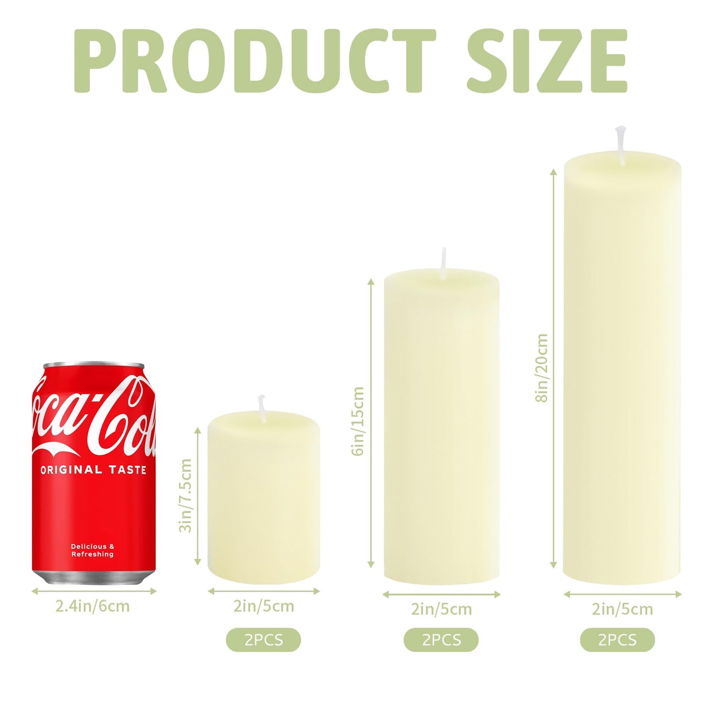 Veiuwa 6 Pack Ivory Pillar Candles Bulk Set, 2x3 2x6 2x8 Inch - 2 Each Size, Dripless Smokeless Clean Burning for Wedding Centerpieces, Home Decor, Church, Romantic Ambiance！