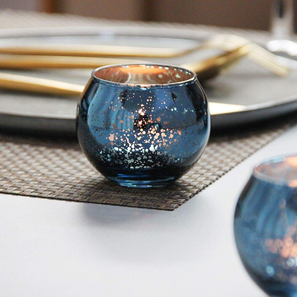 DerBlue 16Pcs Round Mercury Glass Votive Candle Holders for Wedding Centerpieces, Valentines Dinner, Garden Tub and Any Theme Events (Navy Blue)