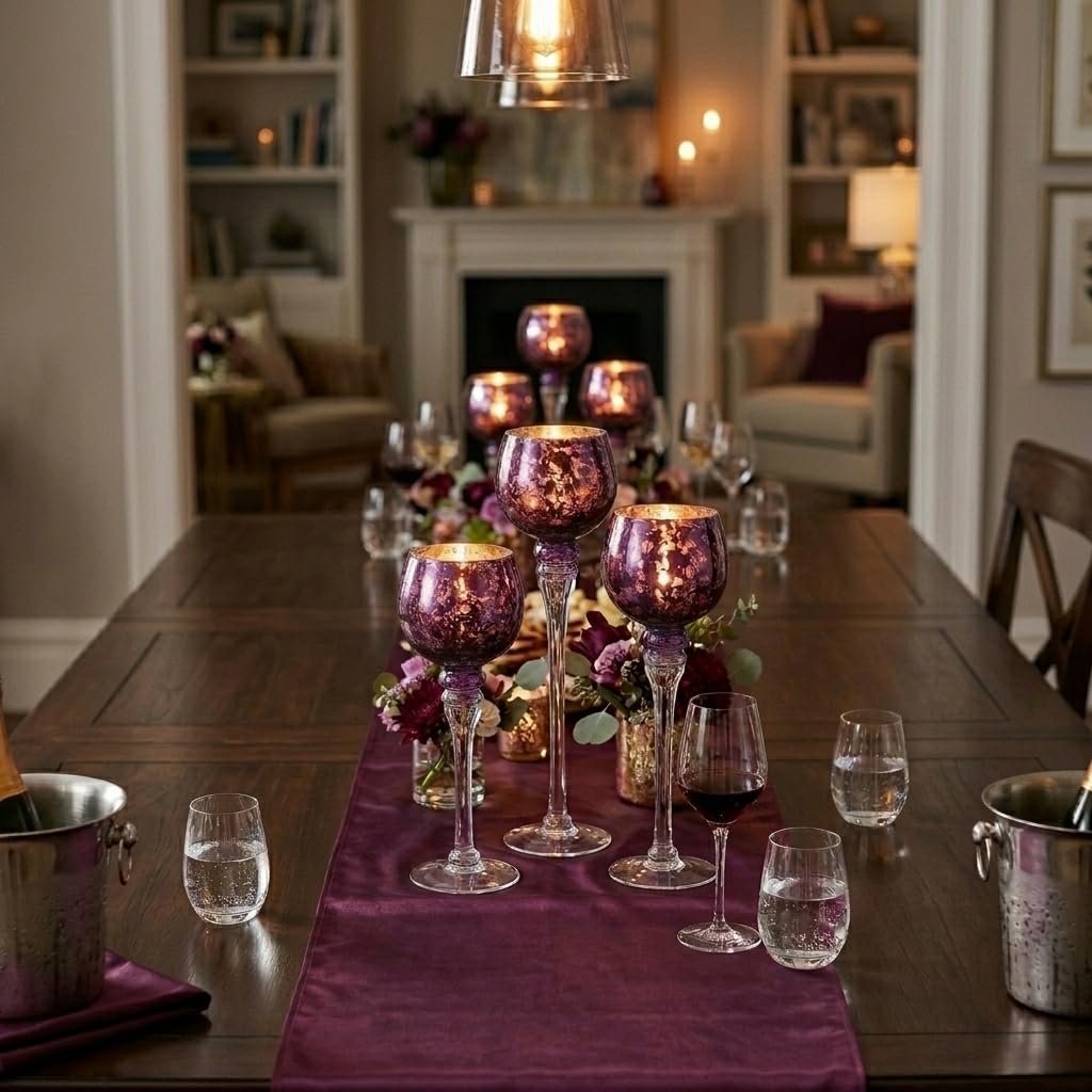 Inweder Glass Tealight Candle Holder: Purple Mercury Votive Holders 9/10/12 Inch Tall Long Setm Floating Candle Holders for Christmas Dining Table Centerpiece Wedding Party Halloween Set of 3
