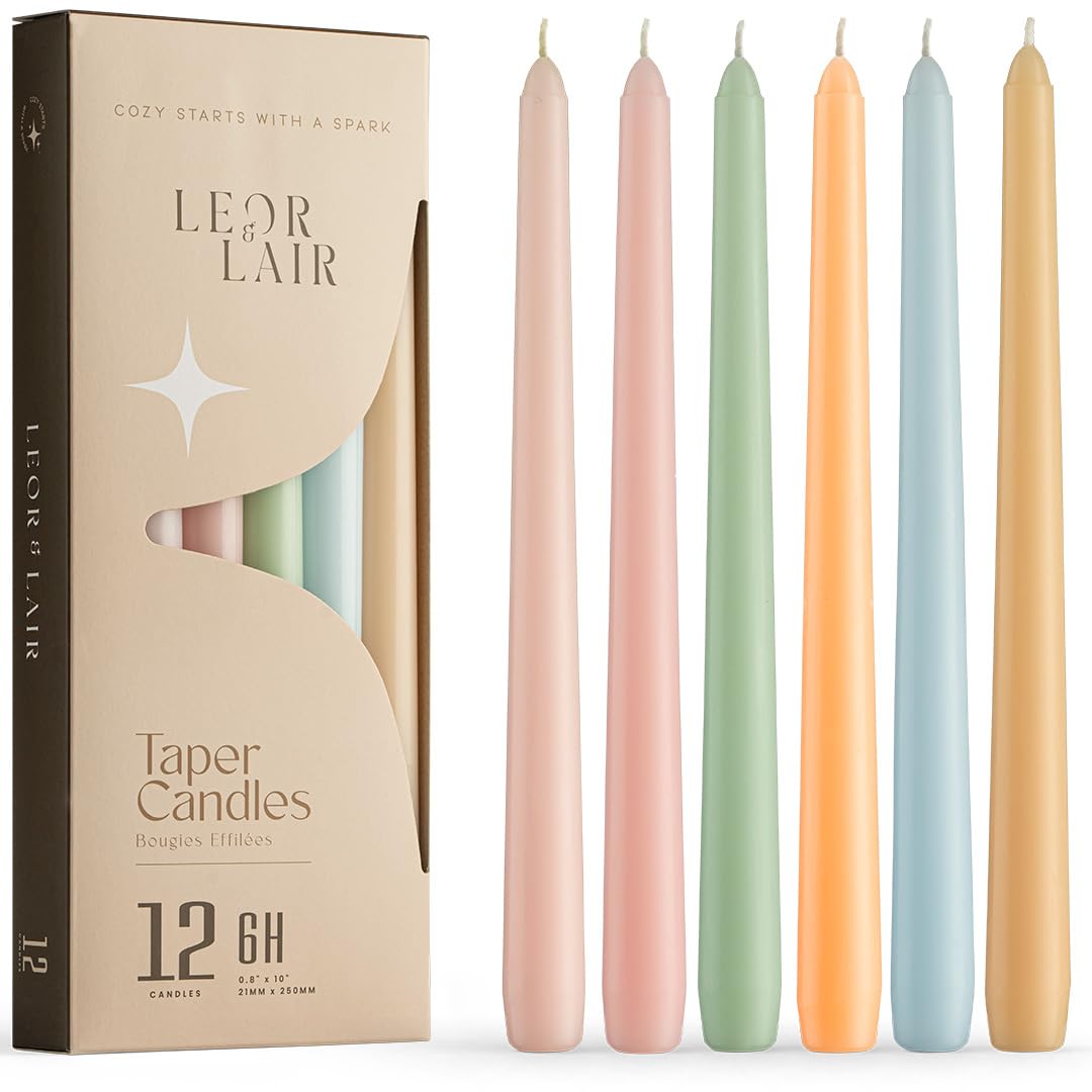 Leor & Lair Pastel Taper Candles 12 Pack - 10" Elegant Tall Candlesticks with 6 Hour Burn Time - Pastel Candle Sticks for Easter Decorations, Wedding & Party Table Decor