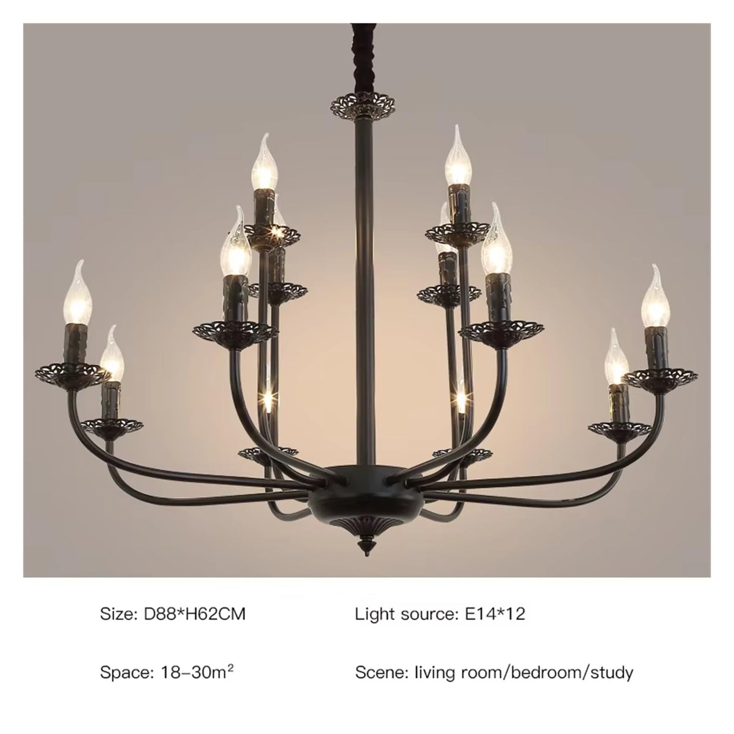 Wrought Iron Chandelier Candle Light Black Metal Lighting Fixture for Living Room Foyer Art Hanging Pendant Lamp,Luxury Style