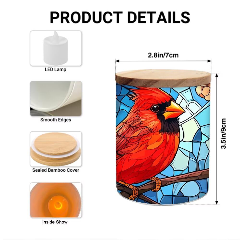 Cardinal Stained Glass Tea Light Holder for Home Decoration, Pink Flower Tealight Candle Holders with Bamboo Lid, Cardinal Bird Votive Candle Jar Memorial Glass Candlesticks - 3.5"x2.8"