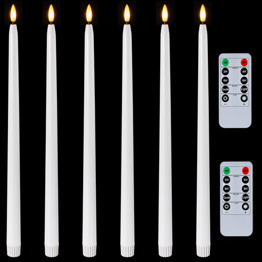 Homemory 15 inches Real Wax Flameless Taper Candles with Remote Timer, 6 Pcs White LED Taper Candles Battery Operated with 3D Flickering Flame, Window Candle Led Candlesticks for Dinners Home Decor