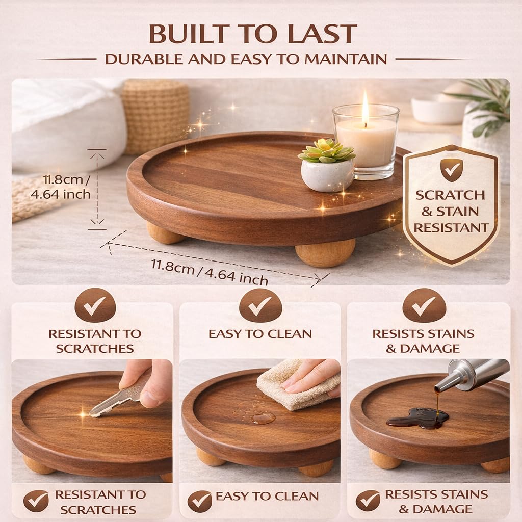 Wooden Riser for Display, 5 Inch Round Wood Riser Pedestal Stand, Small Round Wooden Tray & Wood Pedestal Tray, Elevated Tray for Candles Plants Bottles Vases, Farmhouse Tabletop Entry Table Centerpiece Decor