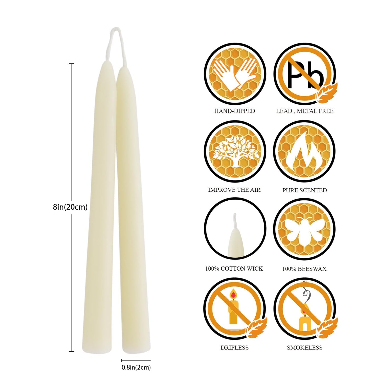 8'' Natural Cream White Beeswax Taper Candles Set of 6, DEYBBY Smokeless and Dripless Pure Organic Beeswax Candles for Wedding Dinner Decor Emergency Housewarming Birthday Gift, Long Lasting Burning