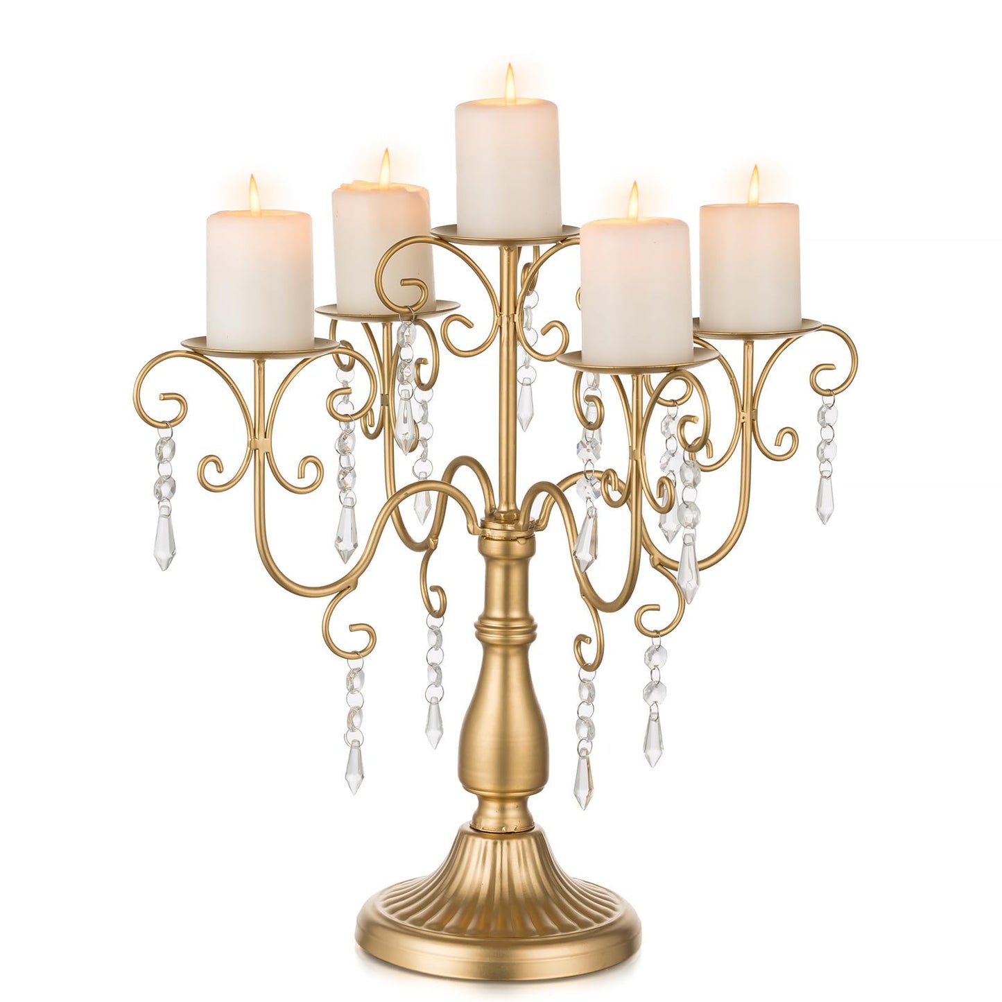 Sziqiqi Candelabra Centerpieces Gold Candle Holder - 5 Arm Pillar Candle Holders with Crystal Beads for Christmas Table Centrepiece Halloween Wedding Candleholders Decoration