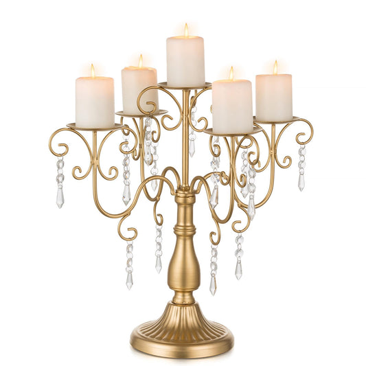 Sziqiqi Candelabra Centerpieces Gold Candle Holder - 5 Arm Pillar Candle Holders with Crystal Beads for Christmas Table Centrepiece Halloween Wedding Candleholders Decoration
