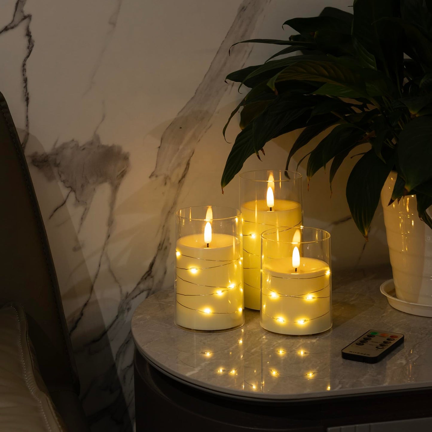 Flameless Candles, Battery Operated LED Candles with Remote and Timer Flickering Flameless Candle for Romantic Ambiance and Home Halloween Decor Durable Acrylic Shell with Embedded Star String