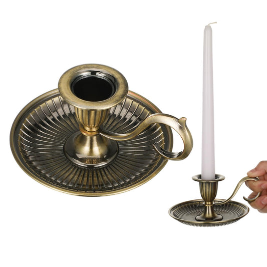 MAGICLULU Retro Bronze Taper Candle Holder with Curved Handle - Rustic Handheld Candlestick for Wedding Party Dinner - European Vintage Chamberstick Decor - Small Table Centerpiece for Home Ambiance