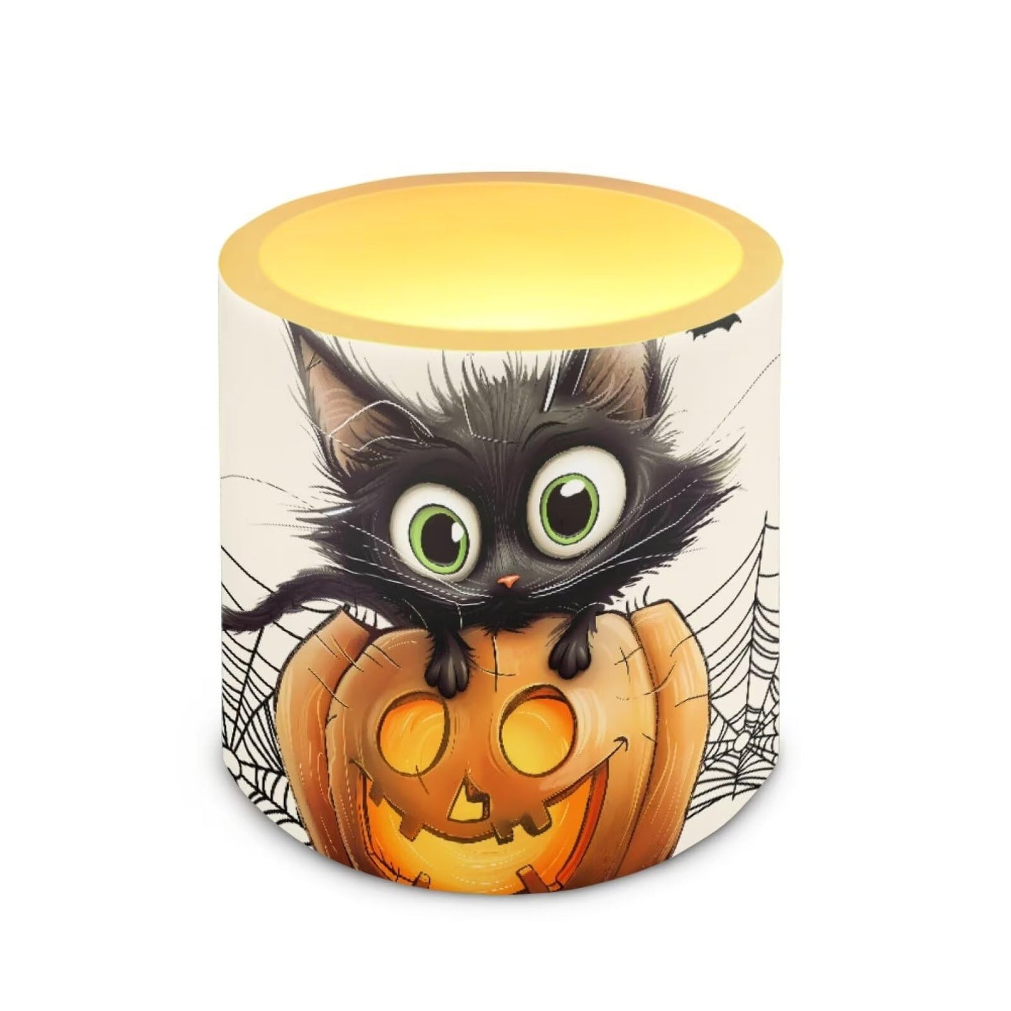 Merkmak Pack of 4 Halloween Flameless Candles with Remote Battery Operated Candles with Timer Flickering LED Elictric Pillar Tealights for Indoor Outdoor Home Decor, Spider Web Black Cat Bat