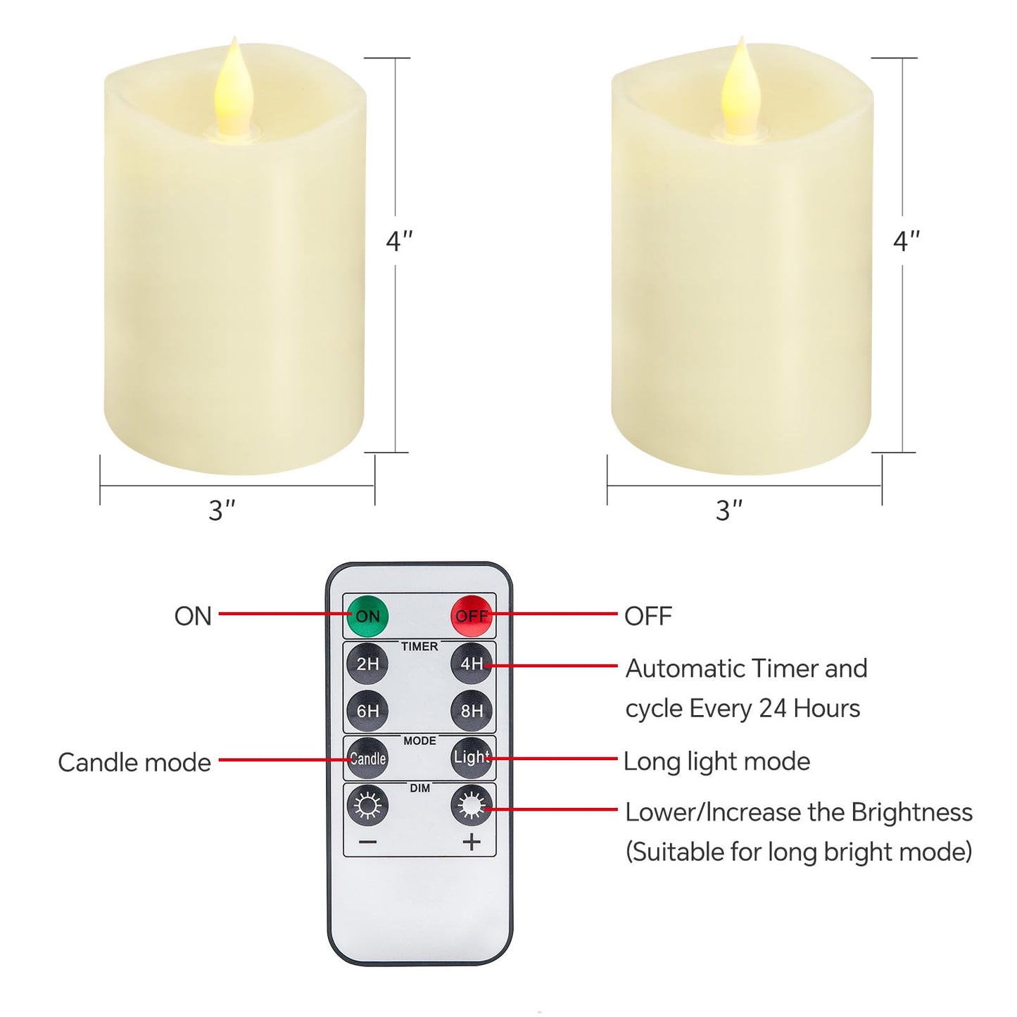 3x4 Flickering Flameless Candles Set of 2, 2AA Battery Life 600 Hours Battery Candles Flickering with Timer,4 inch Flameless Candles with Remote for Indoor/Outdoor, Ivory