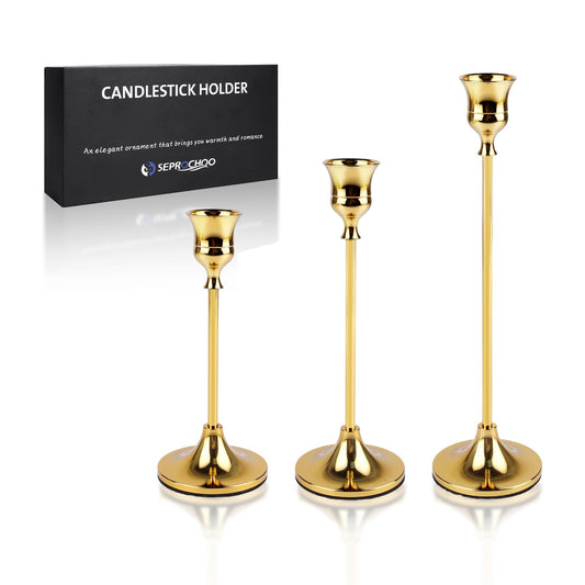 1 Set(3 Pcs) Candlestick Holders Taper Candle Holders Brass Gold Candlestick Holder Set Vintage Modern Decorative Centerpiece for Table Mantel Wedding Housewarming Gift (Gold, 1set (3 pcs))