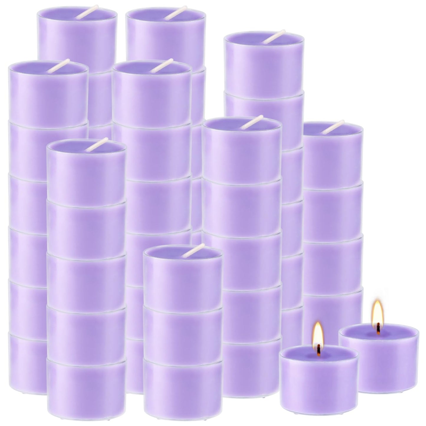 Wfmolcand 50 Pack Bulk Lavender Scented Tealight Candles in Clear Cup, Purple Wax Votive Candle for Birthdays Weddings Churches Anniversaries & More（8 Hour）