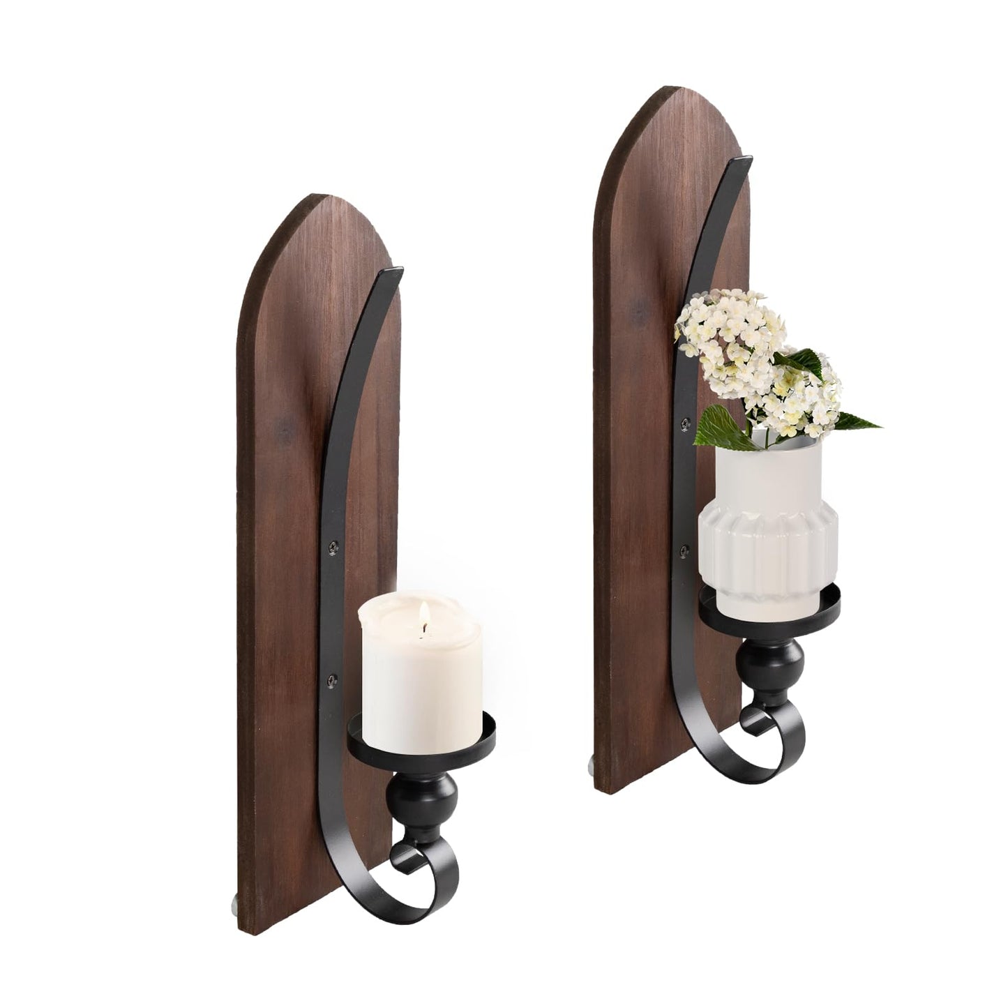 Wall Candle Sconces Set of Two, Brown Wall Mounted Metal and Wooden Wall Candle Holders, Farmhouse Candle Sconces for Bedroom, Fireplace, Brwon