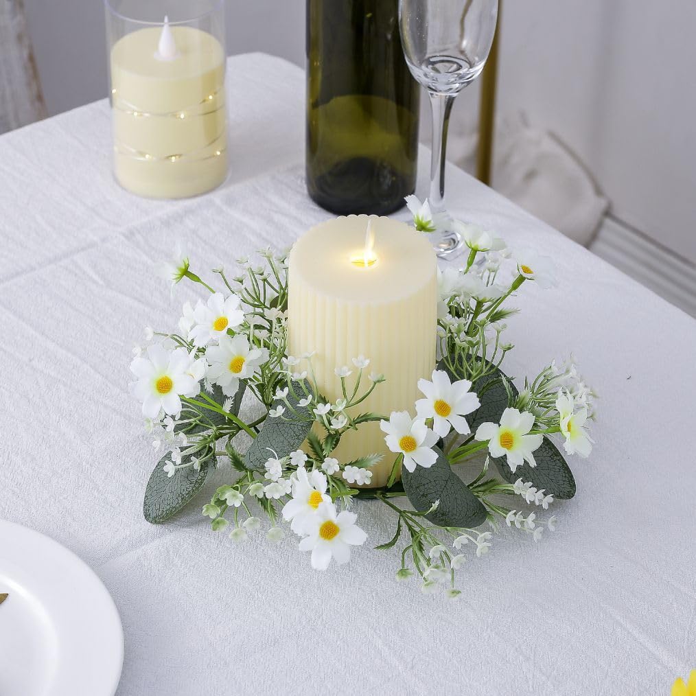 2 Pcs Candle Rings Wreaths,Artificial Daisy Flowers with Green Leaves Flower Candle Rings Candleholders Garland for Pillar Centerpiece Party Table Decor,3inch Center Diameter (White)