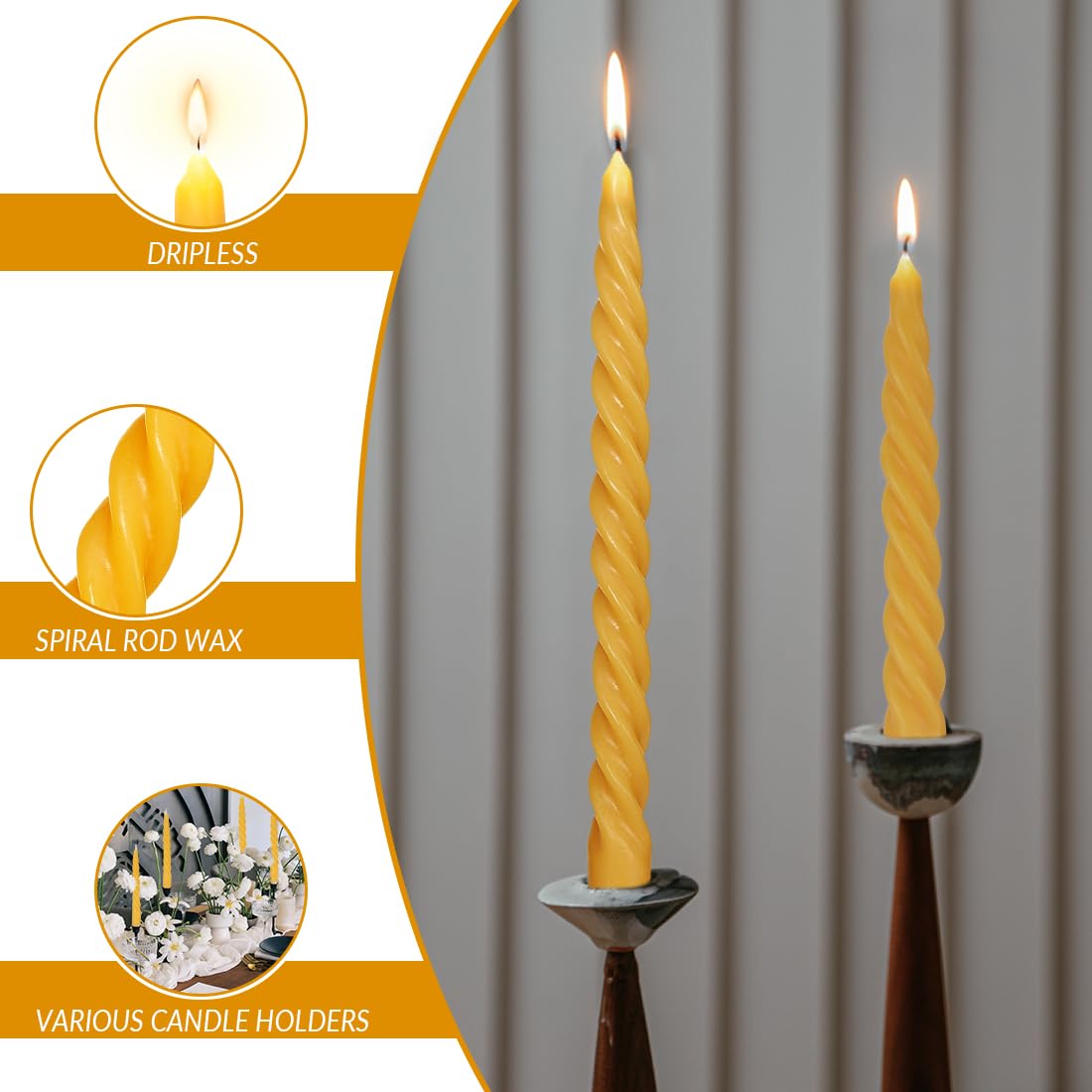 Beeswax Taper Candles Set of 4, Spiral Taper Candle Sticks Dripless Long Candle Sticks for Dinner Wedding Party Christmas Home Decorations - 10 Inch Tall - Yellow