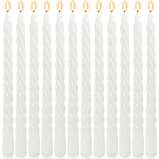 10 Inch White Twisted Spiral Taper Candles Set for Holiday Decor, 12 Pack Unscented Candlesticks, Dripelss Tapered Candles for Wedding Dinner Party Ceremony Religious