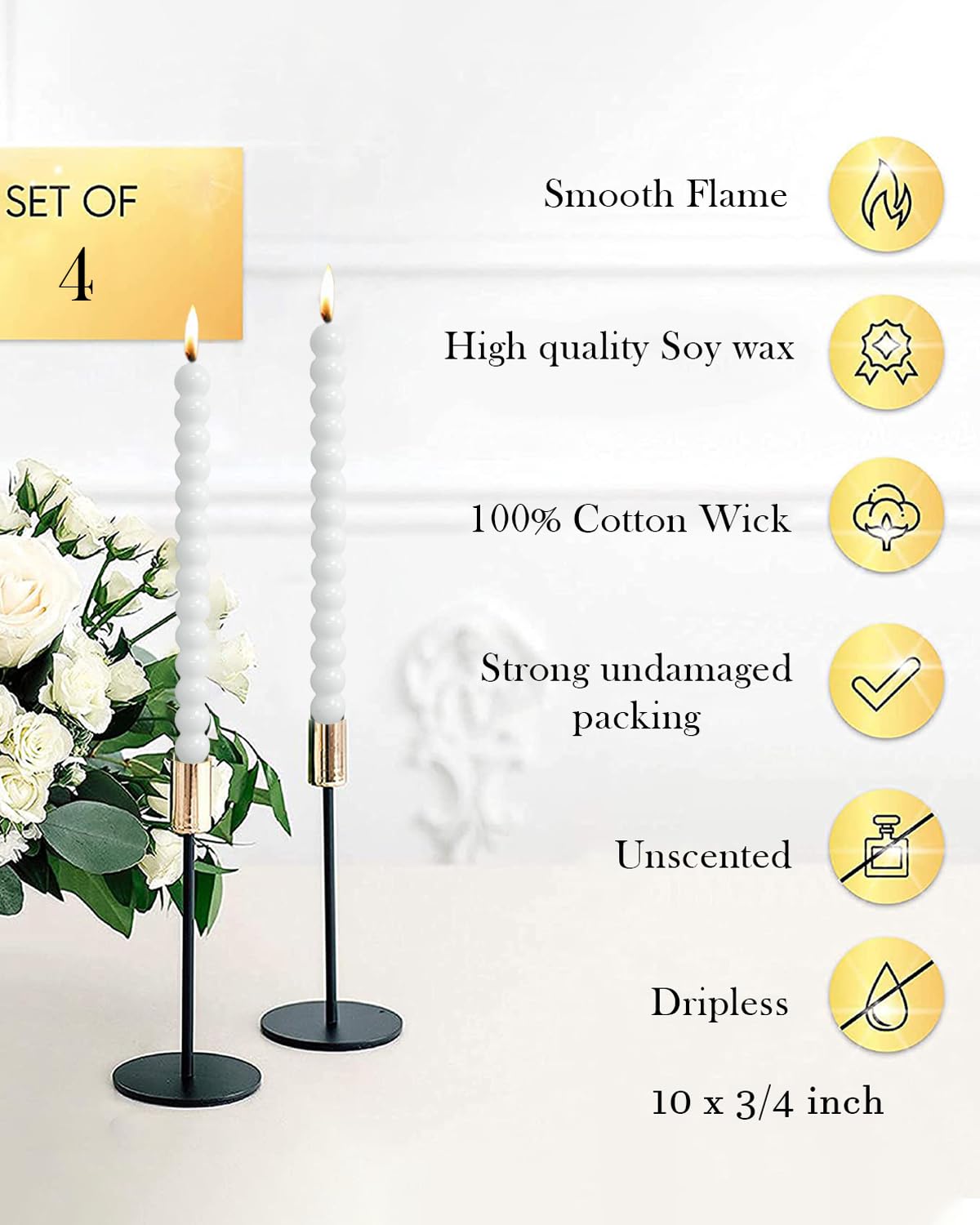 LPUSA White Spiral Taper Candles Twisted Candle Conical Stick Candles for Holiday Wedding Party Wax Unscented Dinner Candle Dripless,Christmas Gift H 10 Inch, 4pcs（White-C）