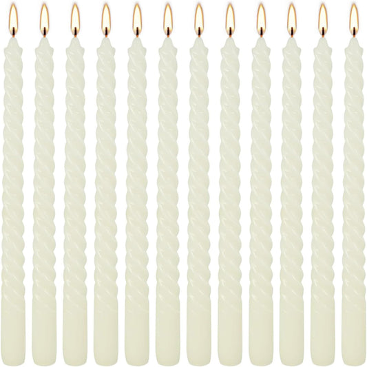 WPONSZU 10 Inch Ivory Spiral Taper Candle Set of 12 Pack Unscented Dripless Candlesticks for Valentine's Day,Dinner,Party,Brithday,Wedding,Christmas,and Home Decoration