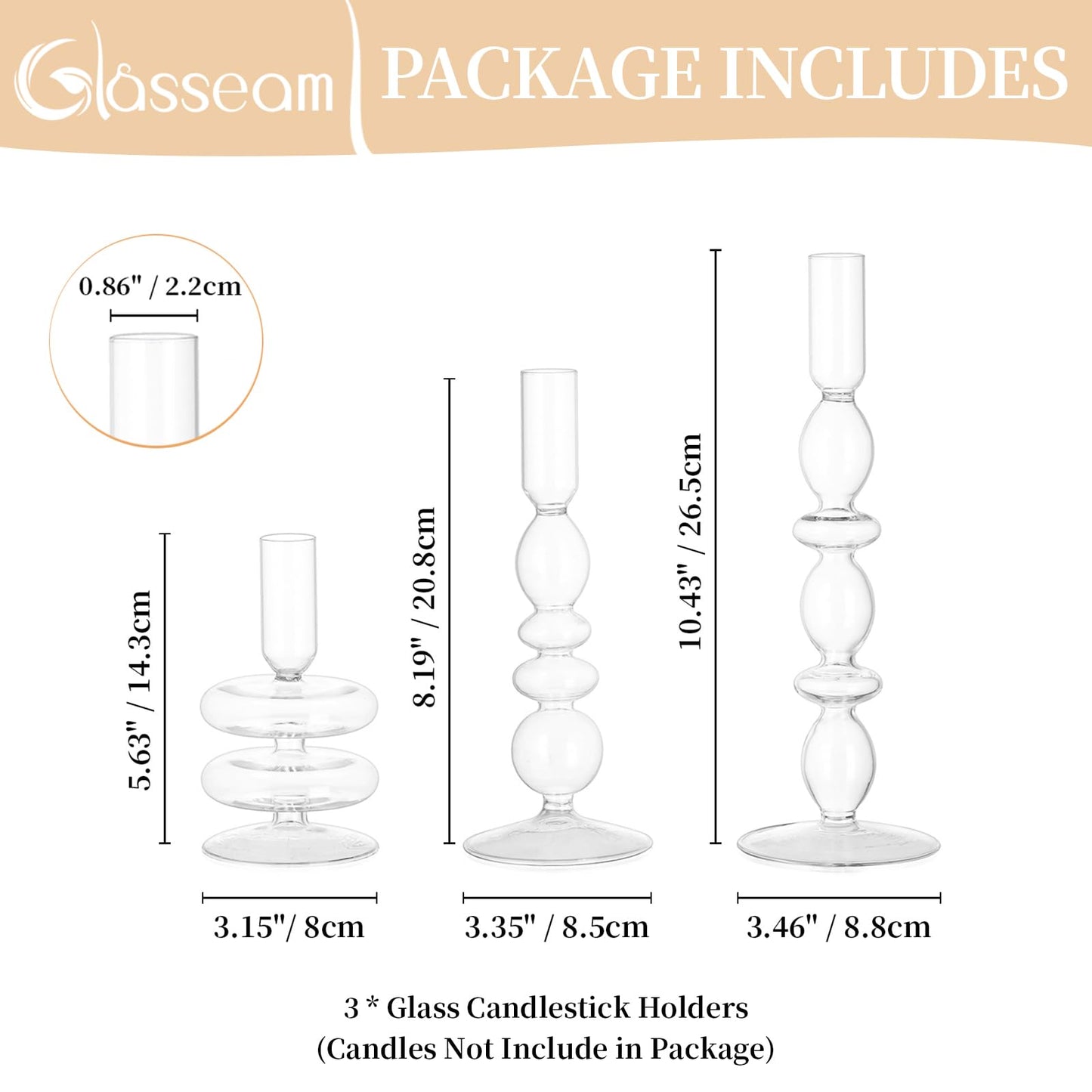 Glasseam Glass Candle Stick Holder: Clear Taper Candle Holders Set of 3, Modern Candlestick Holders for Taper Candles, Decorative Candle Holder for Table Centerpiece Wedding Party Christmas Decoration