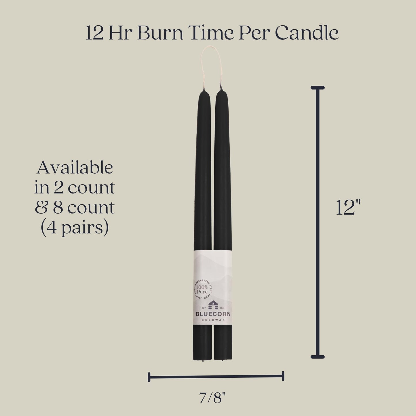 Bluecorn Beeswax Taper Candles, 100% Pure Natural Bees Wax, Pair of 12 Inch Black Tapered Candlesticks, Clean Burning & Dripless, Fragrance Free, Long Lasting, Home Decor, American Made, 1 Count