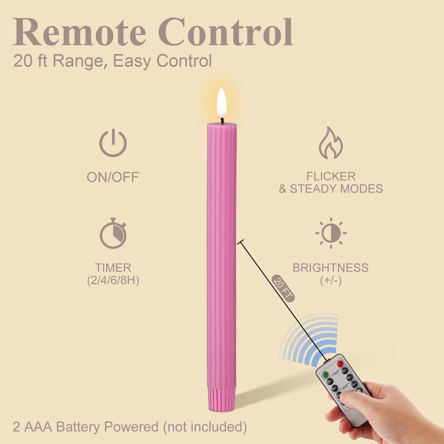 Girimax Hot Pink Ribbed Fluted Flameless Taper Candles with Remote, Flickering Battery LED Wax Candlesticks Wedding Home Decor Set of 4