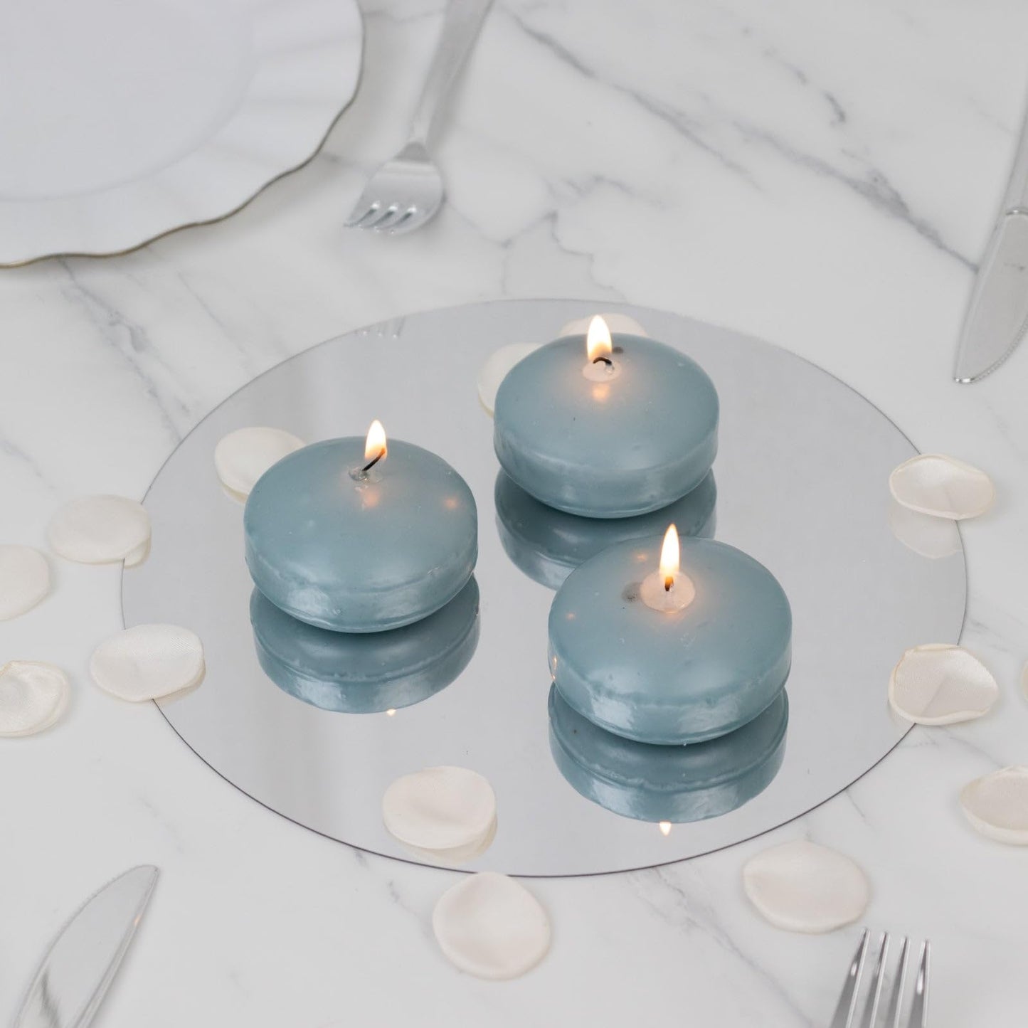 Efavormart 12 Pack 3" Dusty Blue Unscented Floating Candles, Long Burn Dripless Wax Discs with Cotton Wick for Cylinder Vases and Wedding Centerpieces