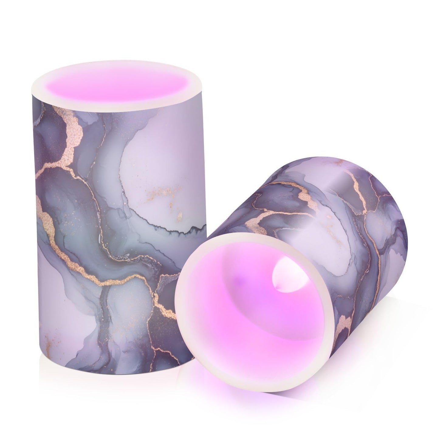 zyrtty 2 Pack Plastic Flameless Candles Blue Grey Gold Marble Pattern Ombre Battery Operated with Remote and Timer Real Wax LED Flickering Pillar Candles Set Window Christmas Holiday Decor