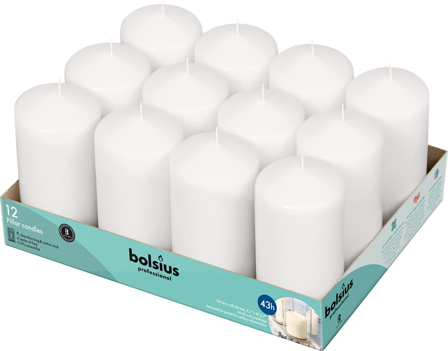 BOLSIUS 12 White Pillar Candles - 2.7 x 5 Inches Unscented Candle Set - 43 Hours - Dripless Clean Burning Smokeless Dinner Candle - Perfect for Wedding Candles, Parties and Special Occasions