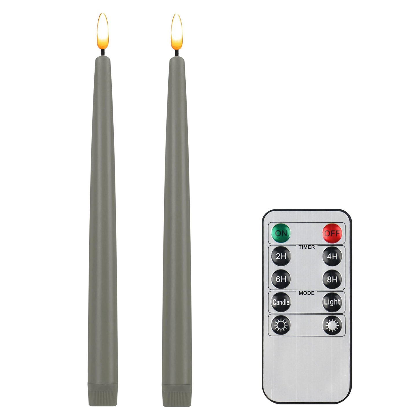CVHOMEDECO. Flameless Taper Candles with 10-Key Remote, Battery Operated Led Flickering 3D Wick Window Candles Real Wax Finished Home Christmas Party Decor 0.78 x 11 Inch, Pack of 2, Grey