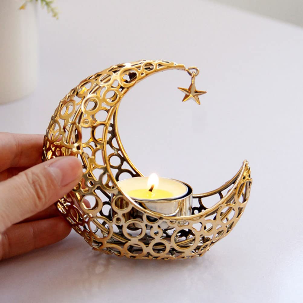 Uonlytech Moon Candle Holder Metal Hollow Crescent Tea Light Stand 4.13In Desktop Decor for Home Bar Restaurant Creating Warm Romantic Atmosphere