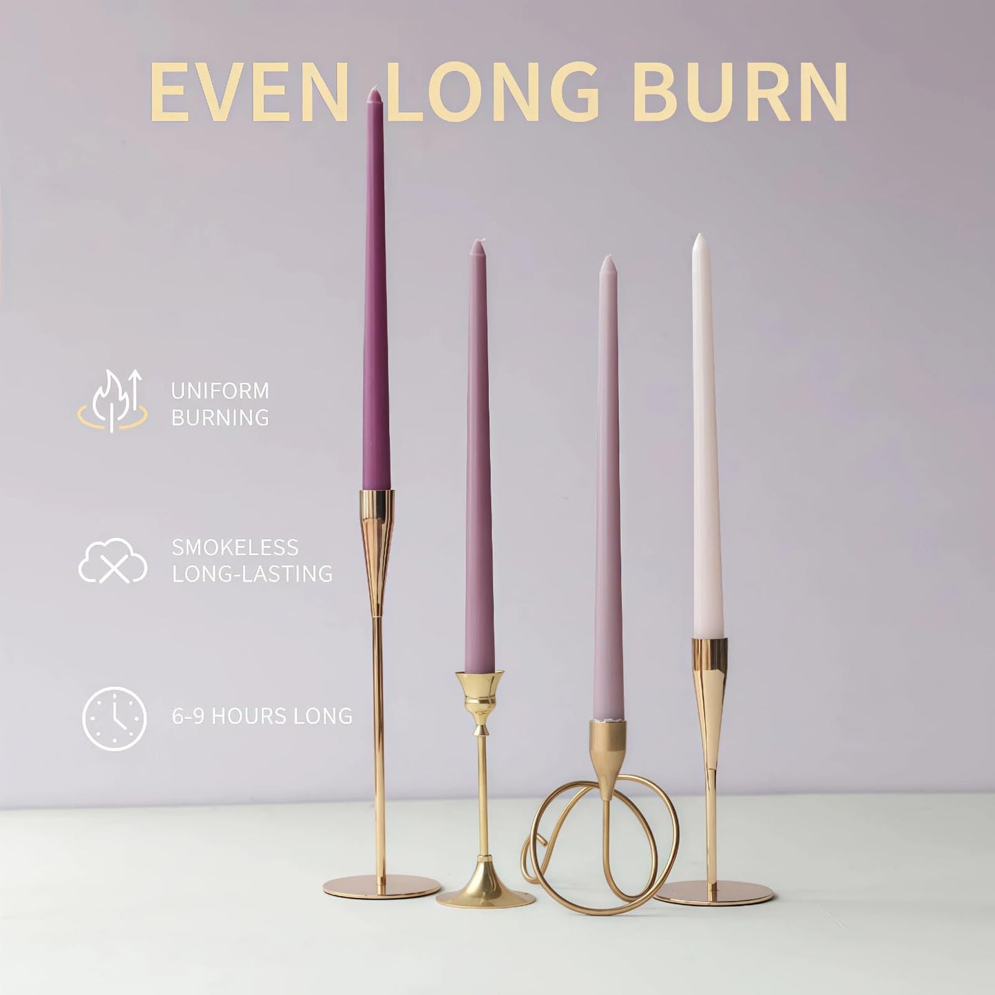 LSXHASGLD 12 Inch Taper Candles, Set of 4, Unscented Smokeless Long Tapered Candle for Wedding Home Decor Christmas (Purple Series, 12in)