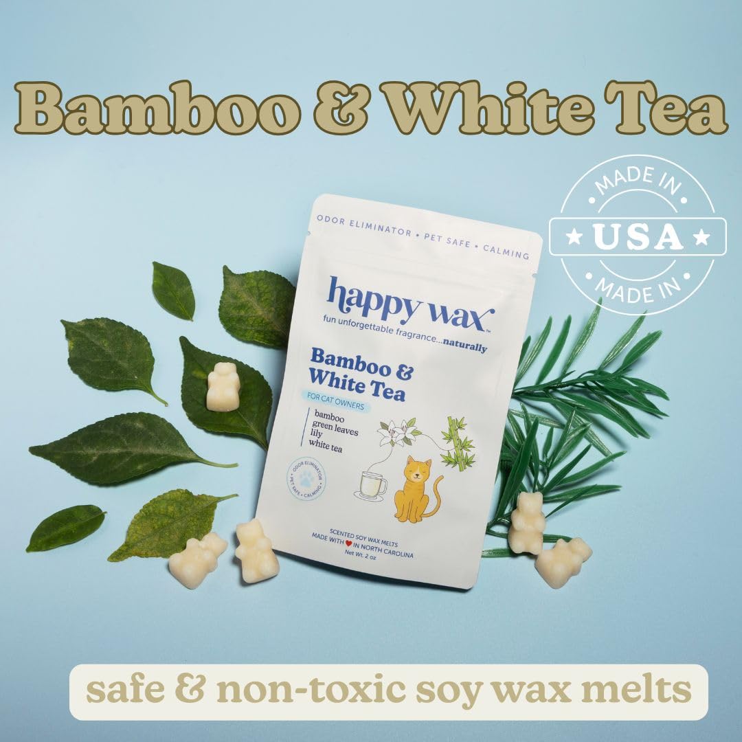 Happy Wax Bamboo & White Tea Scented Wax Melts for Cat Owners – Odor Eliminating, Calming, Pet-Safe, Non-Toxic, Dye-Free, Perfect for Use with Wax Warmers - 4 oz Pouch