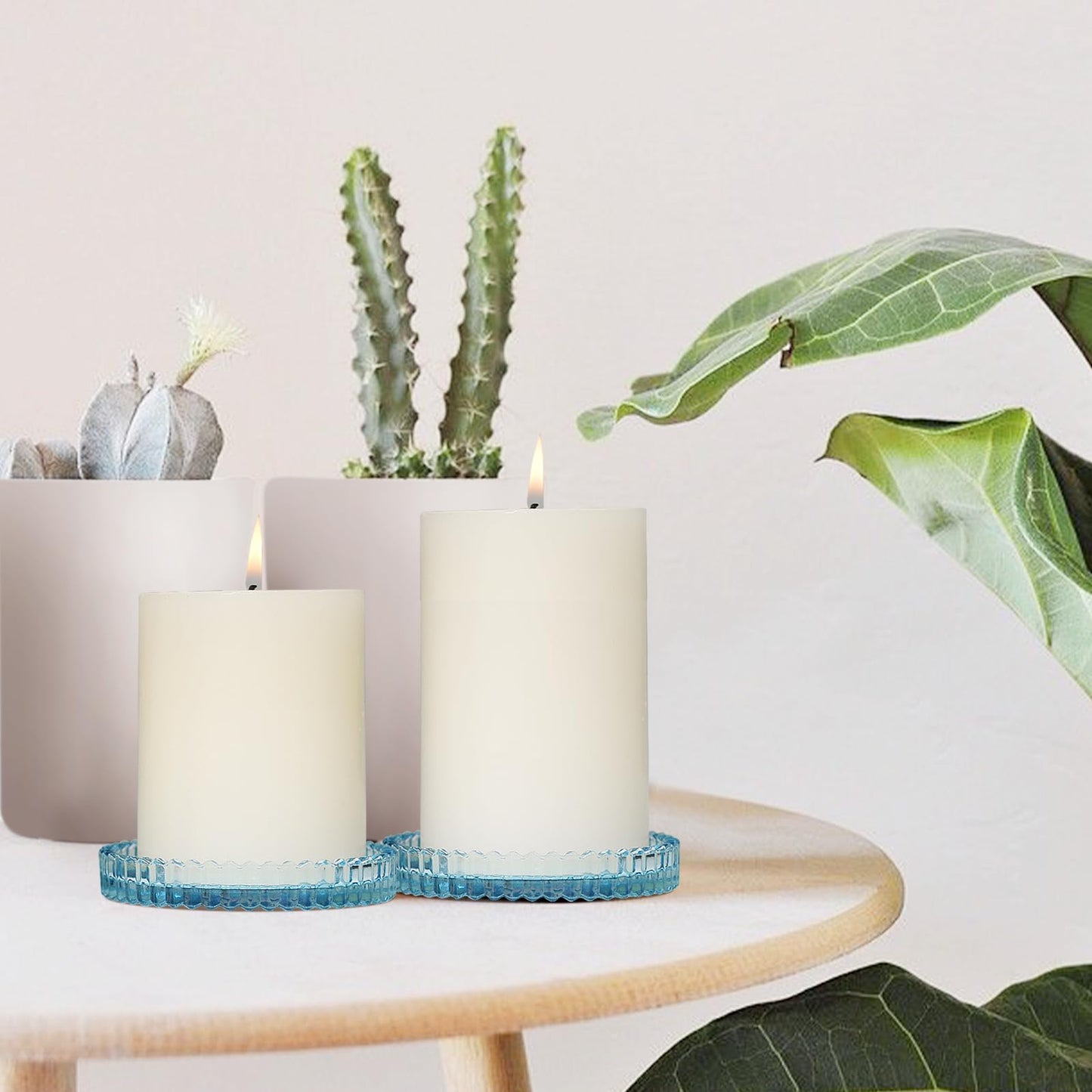 CHOCSTAY Glass Pillar Candle Holder, 4" Blue Candle Plates Set of 6, Glass Candle Holders for Wedding, Party, Holiday, Home Decor, Table Centerpiece
