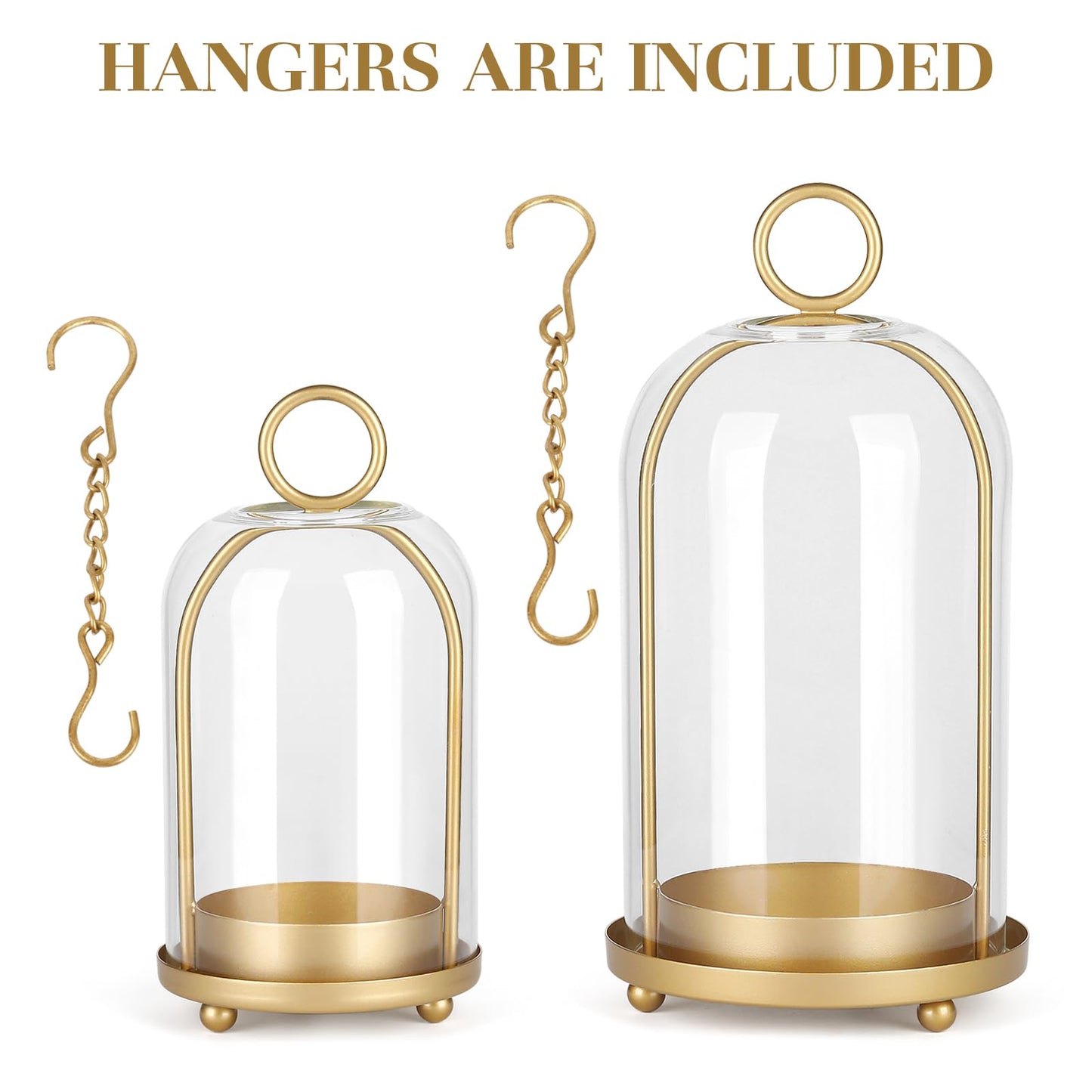 Versatile Metal Candle Holder Set with Handmade Glass Dome,Antique Brass Pillar Candle Stand, 5.2" & 4.1" Wide for Tabletop or Hanging, Industrial & Farmhouse Decor