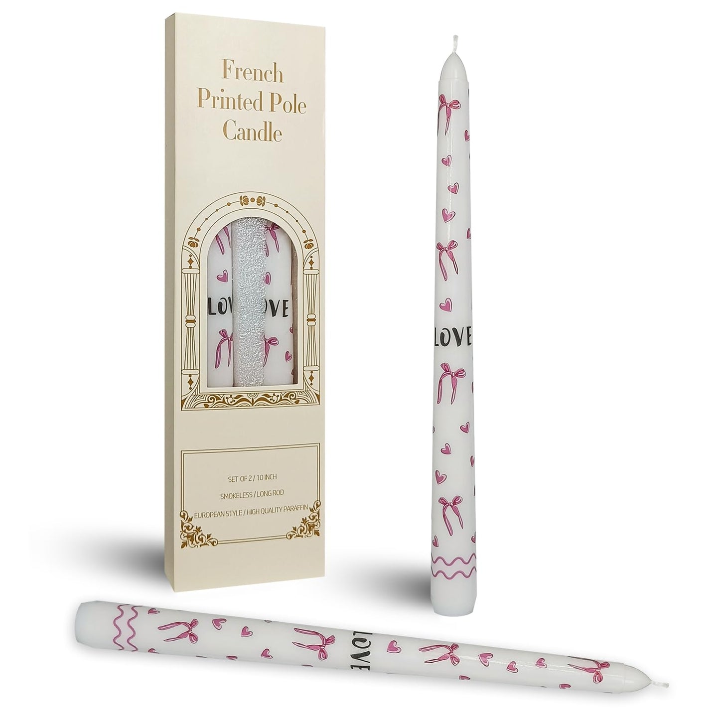 Floral Taper Candle - Baleagcdl White with Bow Print Candles Handmade Long Tapered Candles 10 Inch Drip Candlesticks for Wedding Home Decor Gifts - Set of 2