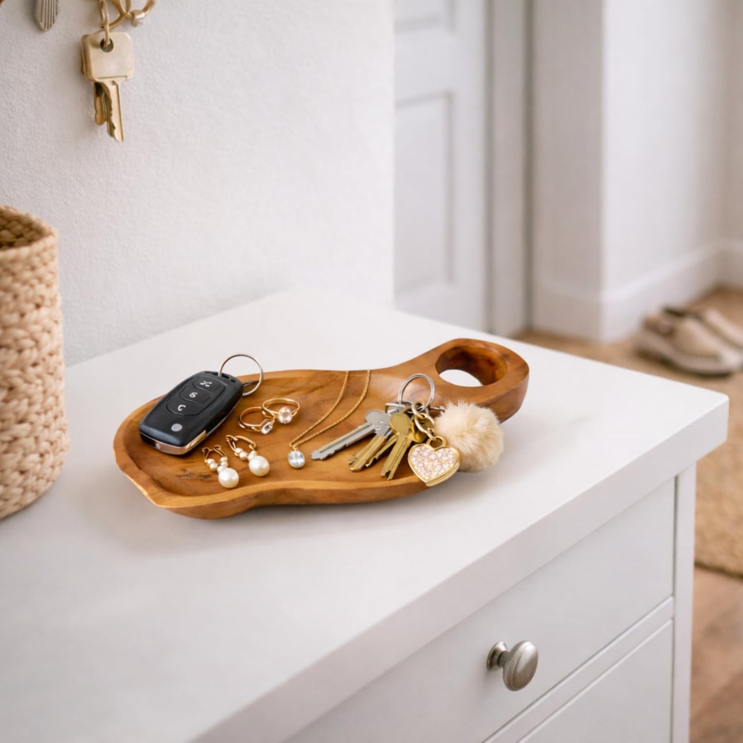 JOLLYMER Solid Teak Wood Decorative Candle Tray – 12.2" Handmade Wood Tray with Handle, Rustic Farmhouse Coffee Table Decor for Home Styling