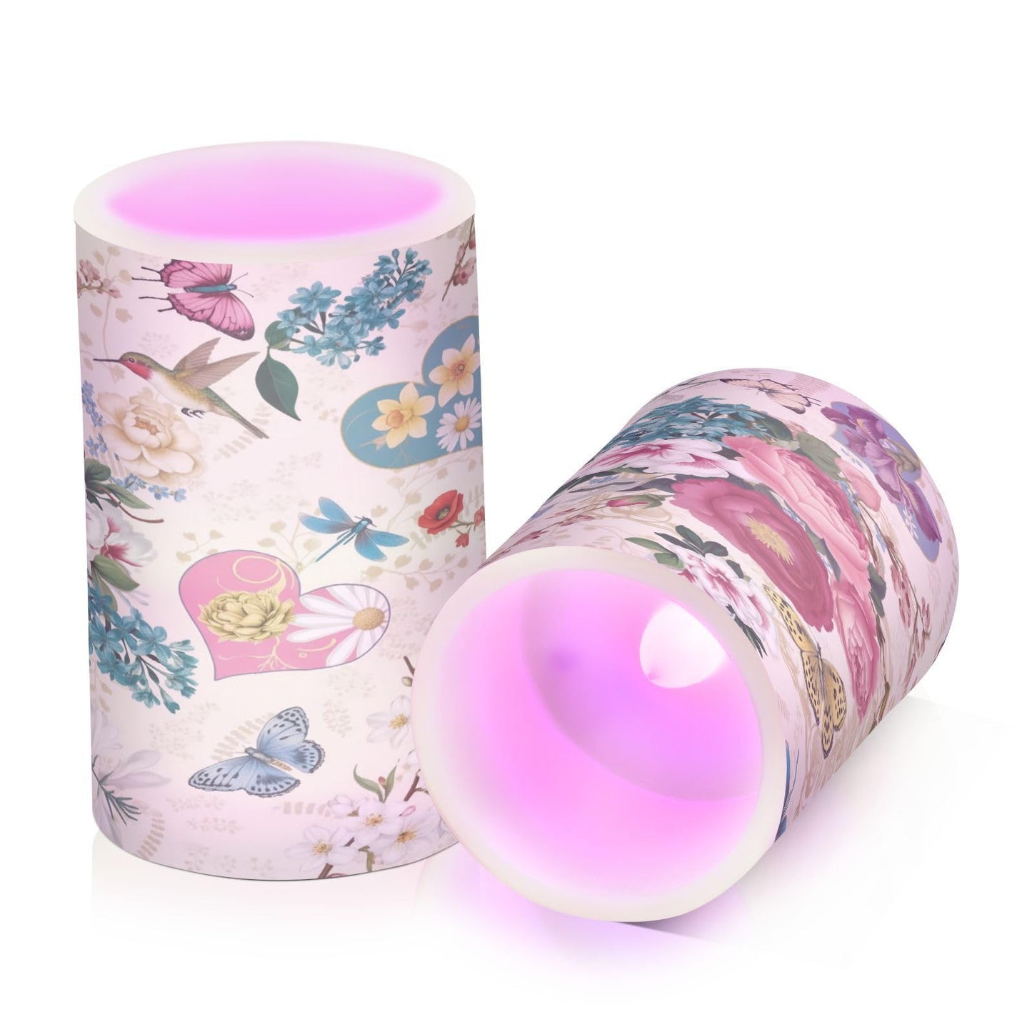 Beautiful Spring Flowers Butterflies Hummingbirds Flickering Flameless Candles Battery Operated with Remote Timer,Tea Light Candles LED Pillar Votive Candles set of 2 for Outdoor Indoor Decorations