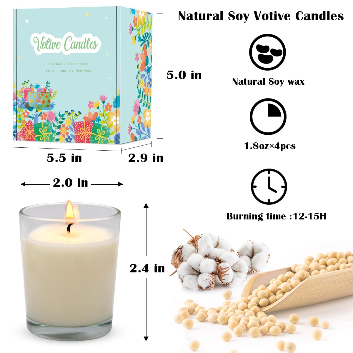4 Packs Unscented White Votive Candles in Glass, 2 Inch Natural Soy Wax Scentless Candles for Christmas Wedding Party Home Decor Holidays Relaxation Spa, 12-15 Hour Burning Time