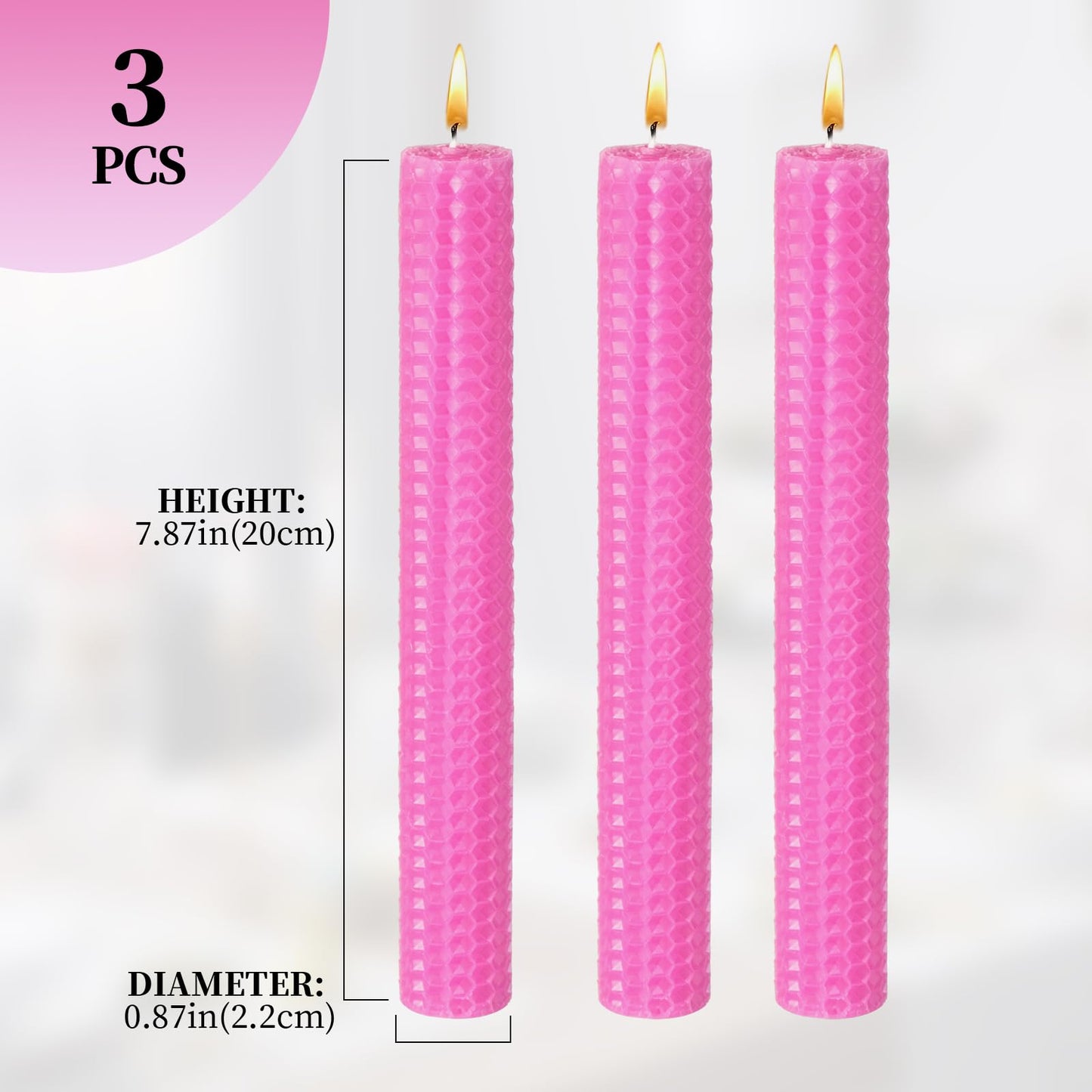 KONNI Pink Beeswax Taper Candles, 0.87 inch x 7.87 inch Hand-Rolled, Unscented, Smokeless Beeswax, Long Burning Time, Flat Top (Pack of 3), for Weddings, Dinner Parties, Spas, and Home Decor