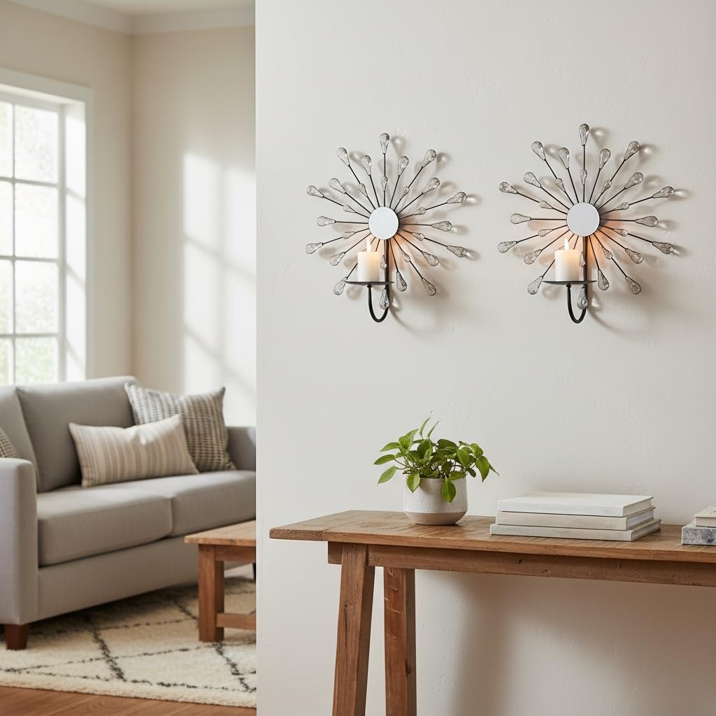 ZEXUIRU 2 Set Starburst Candle Sconces for Wall Decor Living Room Bedroom Dining Room Metal Bling, Crystal, Mirrored Modern Wall-Mounted Candle Sconce Holders Hanging Decor-Black 13in